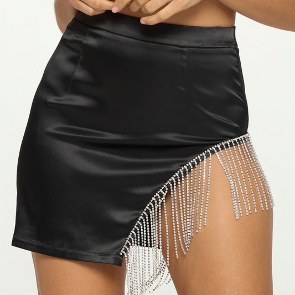 Elegant Black Skirt with Rhinestone Fringe